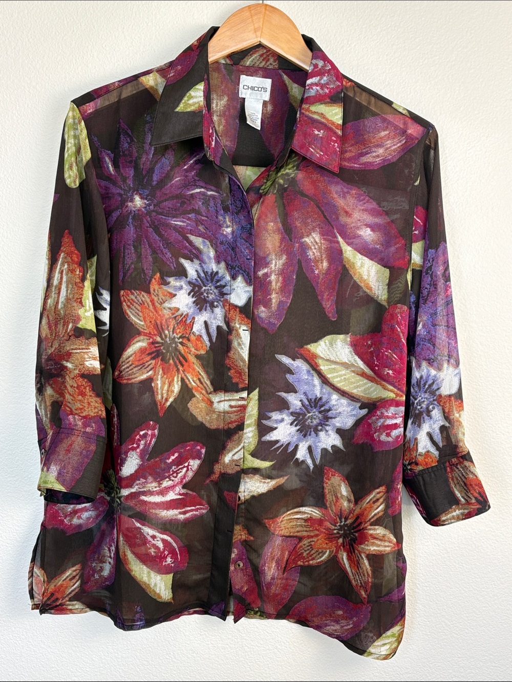 Vintage Chico’s Sheer Floral Button Blouse Tunic 2 / L Large